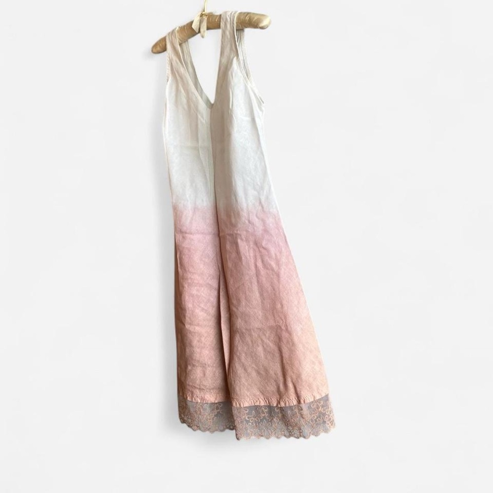 100% Linen pink and white Sundress with lace hem